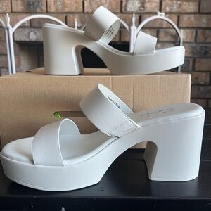 White Platform Sandals with Chunky Heel and Textured Straps